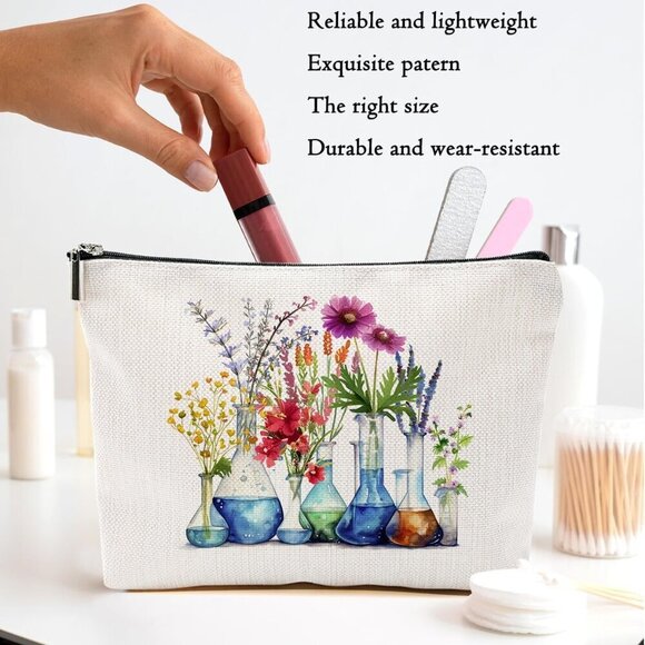2pcs Science Teacher Gifts Floral Cosmetic Bags for Women, Chemistry Floral Make - Picture 3 of 6